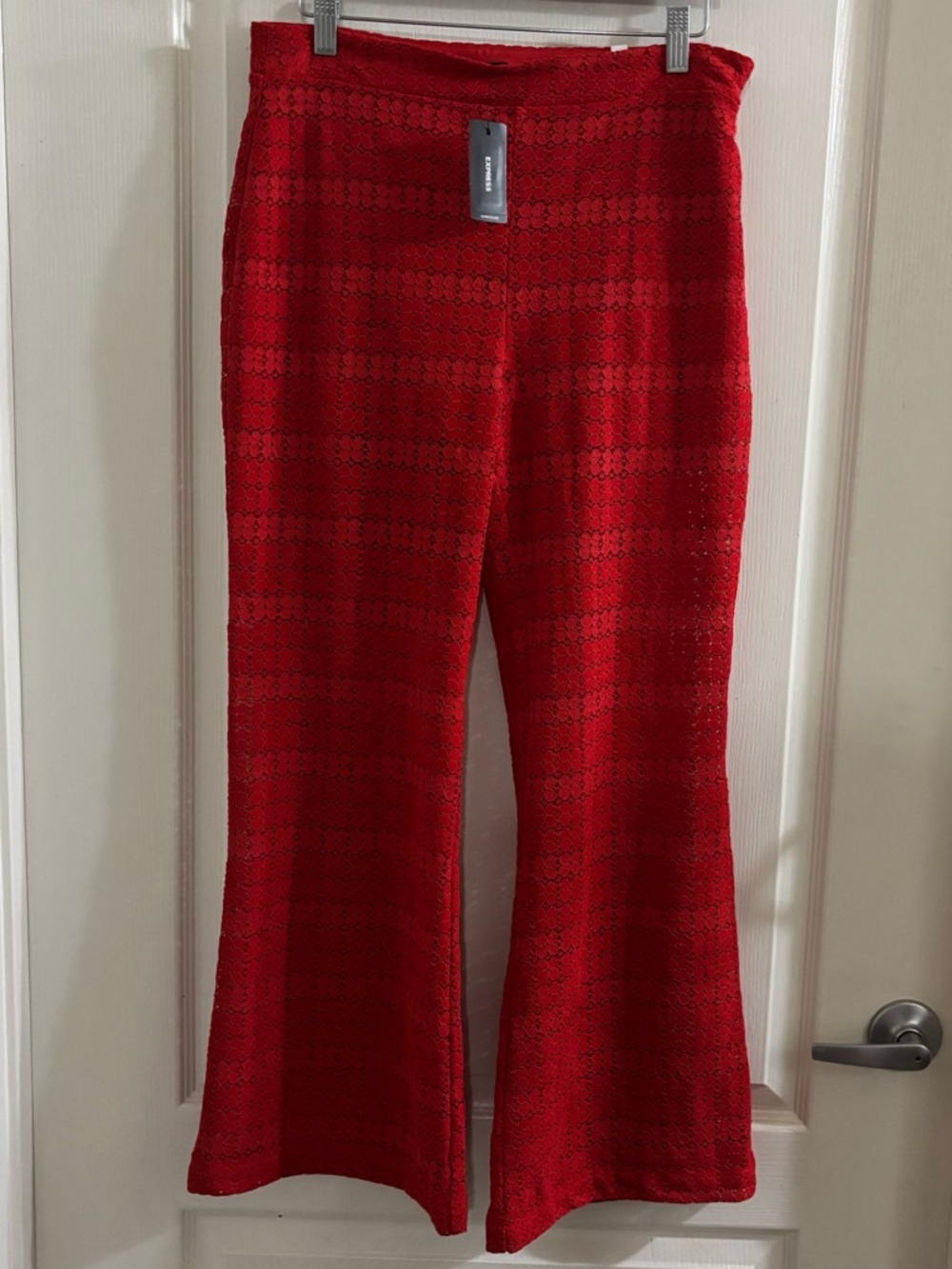 Express Red Crochet Knit Flare Pants
